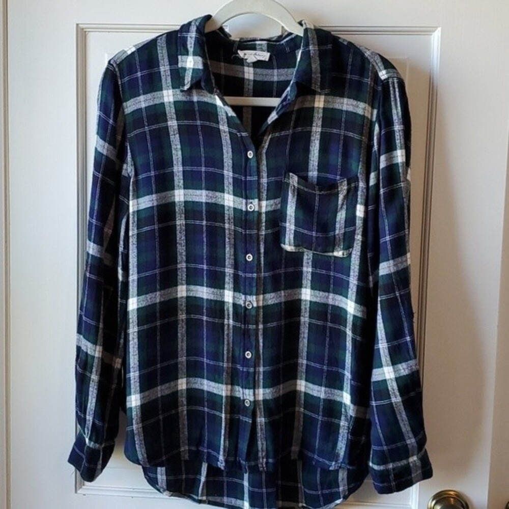 JANE & DELANCEY PLAID FLANNEL SHIRT BLUE GREEN WHITE SIZE LARGE